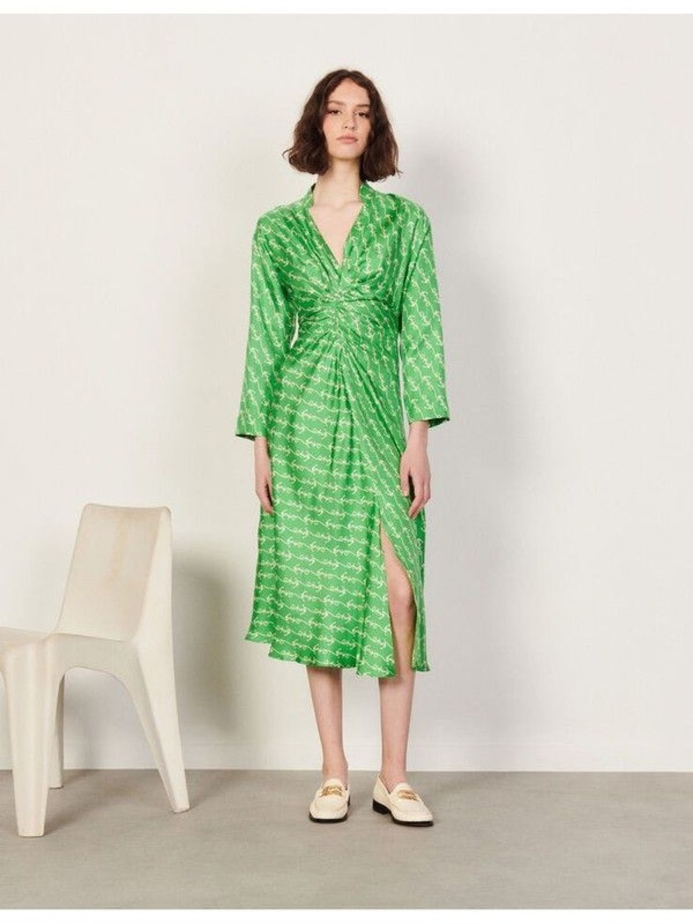 NWOT Gorgeous SANDRO silk midi maxi long sleeve dress green white SIZE 34